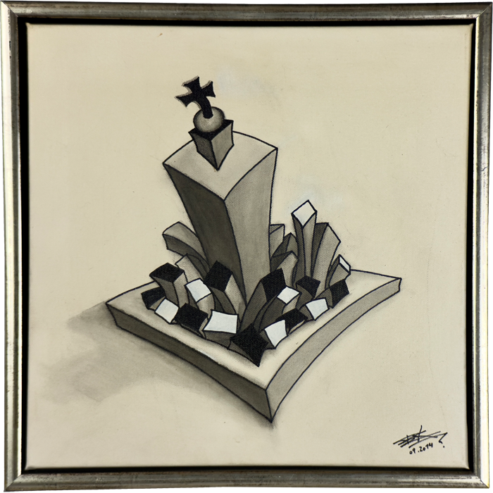 Graustufenbild mit weiß und schwarz. Der König mit Kreuz schiesst aus dem Schachbrett nach oben und die Felder zerspringen.