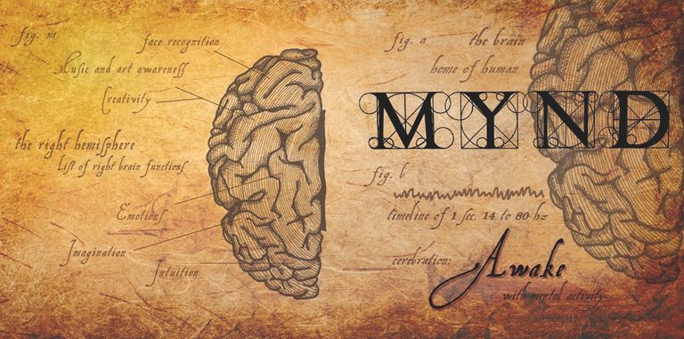 Die rechte Gehirnhälfte, ein römischer MYND Schriftzug mit Konstruktionslinien und eine sehr alte Schrift auf lederartigem Hintergrund.