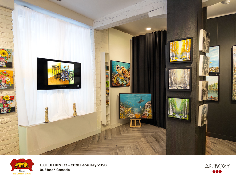 Erik-Groeschs "Dorf an der Kueste" wird in der Gallery Le Chien d'Or in Quebec, Kanada, auf einem Screen in einer Gruppenausstellung gezeigt