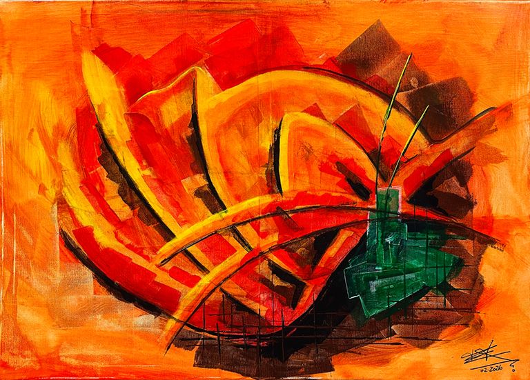 Sehr warmes, rot orange, gelb florales Motiv, dass tief wirkt und scheinbar einem Helm, der an mittelalterliche Spanische Entdecker erinnert