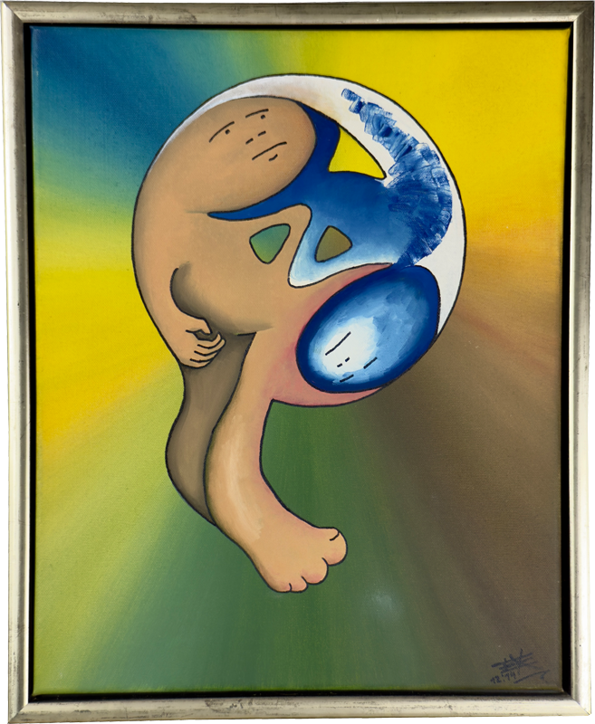 Auf nach außen strahlendem Farbverlauf in gelb, blau, grün, gehören zwei Figuren, klar voneinander abgegrenzt, doch zusammen.