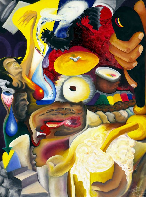 Wilde surrealistische Darstellung eines geselligen Abends in einer überfüllten Bar mit Live Musik. Hitze und Durst sind über Farben spürbar.