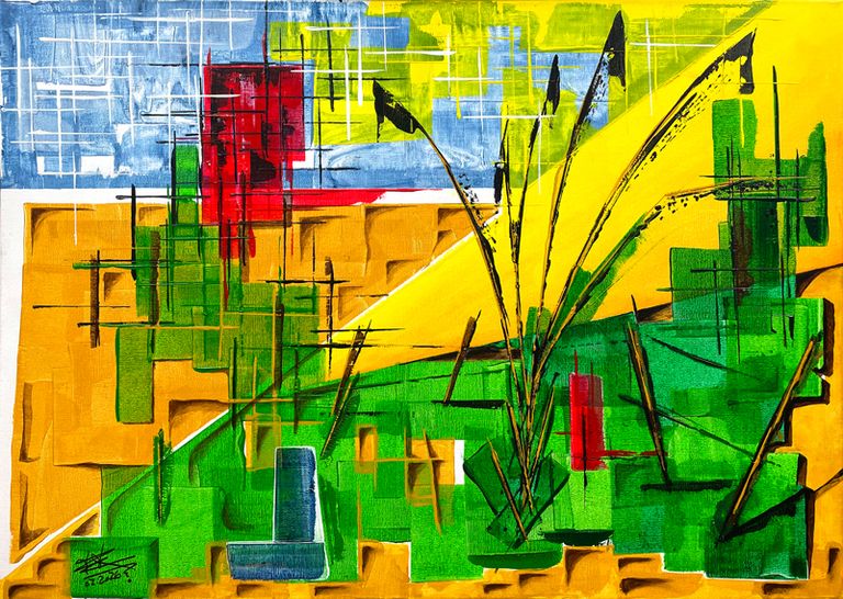 Leuchtende, natürliche Farben in grün, gelb, ocker führen mit abstrakten, auch floralen Darstellungen vor blauem Himmel durch das Bild.