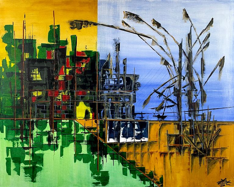 Abstrakt dargestellte Burgruine aus verschiedenen Epochen. Die Landschaft ist streng in natürlichen Farben aufgeteilt. Florale Motive leiten