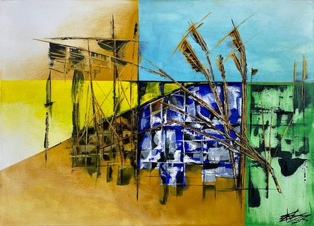 Ein weites, großes LED beleuchtetes Bild. Blau überwiegt in einer orange-türkies geometrischen Komposition. Glassplitt glitzert in Acryl.