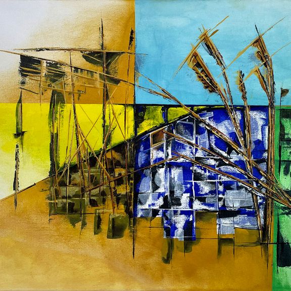 Ein ruhiges, tiefes Acrylgemälde, 70 x 50 cm, aus dessen blauen, abstrakten Zentrum florale Motive in ein warmes Ocker an der Küste leiten.