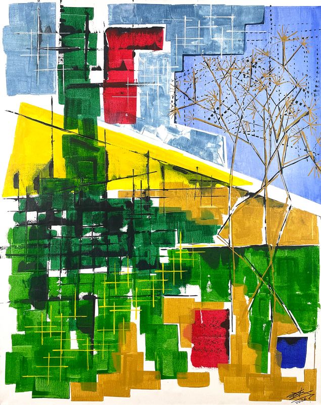 Abstrakt dargestellte Eindrücke vom täglichen Spaziergang mit dem Hund im Feld, bei jedem Wetter. Sehr natürliche, kräftige Farben.