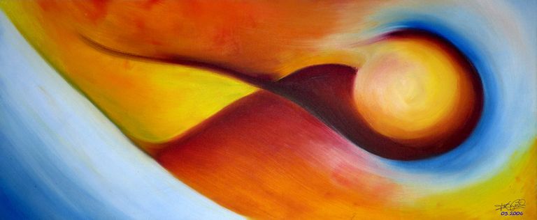 Abstraktes Bild in dunklem rot, orange, Himmelblau und weiß, was schwungvoll von kalter Fläche links zu warmer Sonne rechts kreiselt.