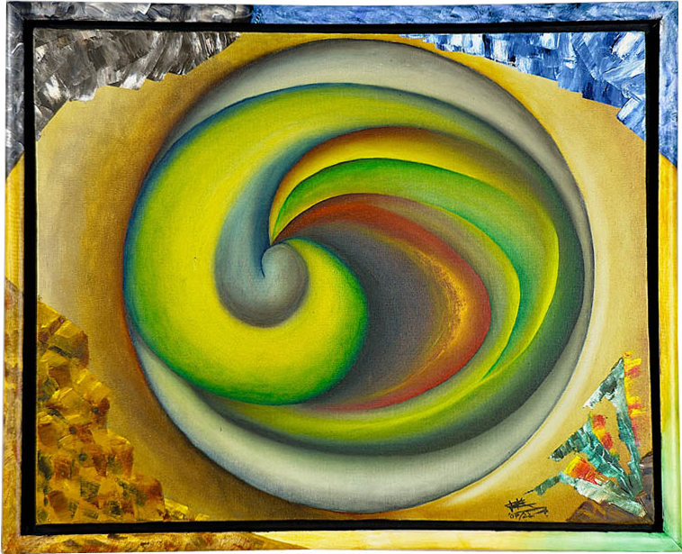 Surreale, sehr runde, grün verwucherte Darsellung in den Bergen. Dunkles rot zieht in die Höhle, natürliche Farben grenzen das Äußere ab.