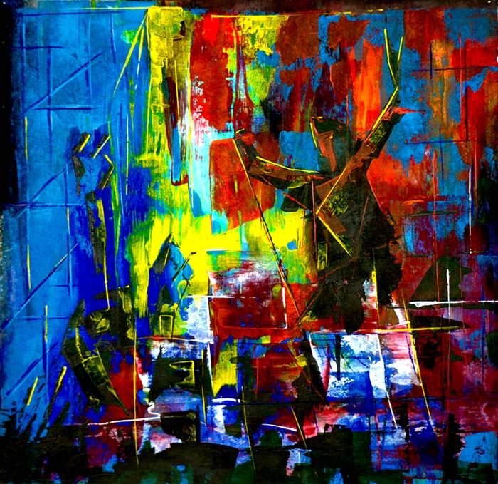 Das dunkle, in blau betonte, abstrakte Bild beschreibt eine Rock-Sänger Live Szene mit Bühnenlicht in rot und gelb, sowie Nebel und Publikum