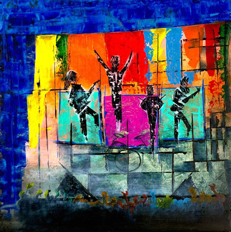 Das Acrylbild zeigt eine abstrakt dargestellte Rock Band Live. Leuchtende Farben,  geometrische Strukturen, starkes blau bestimmen die Bühne