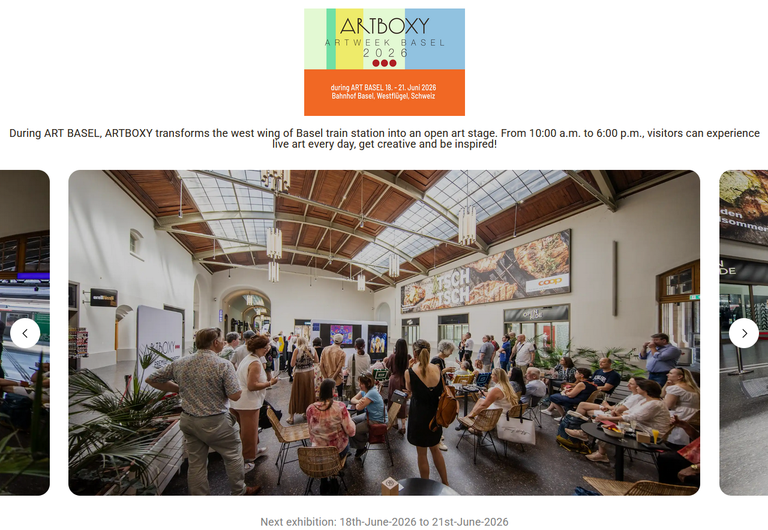 Das Plakat und ein Bild von der Artweek Basel mit Artboxy im Westflügel des Bahnhofs.