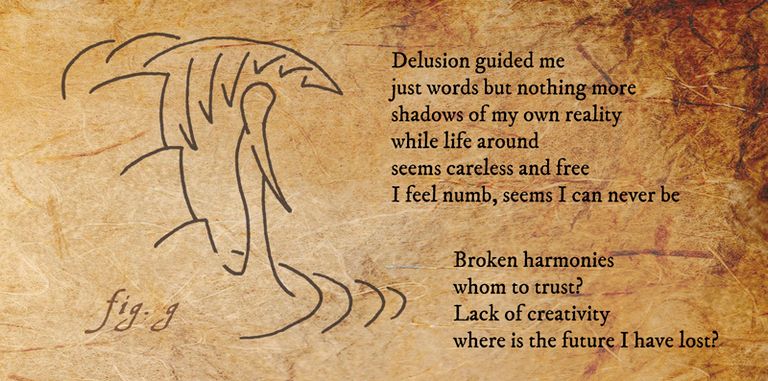 Minimalistisch gezeichnetes Piktogram On My Isle neben dem zugehörigen Text im Booklet auf lederartigem Hintergrund. fig.g