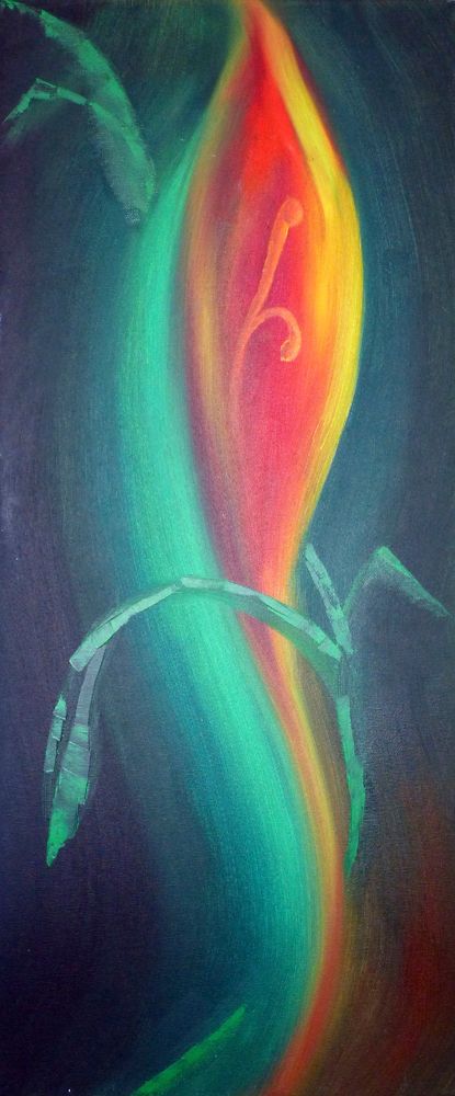 Dunkles Bild mit großer Blüte, tiefem rot gelb und grün auf schwarzem Hintergrund. Starker, schwungvoller Pinselstrich, Spachtelanwendungen.