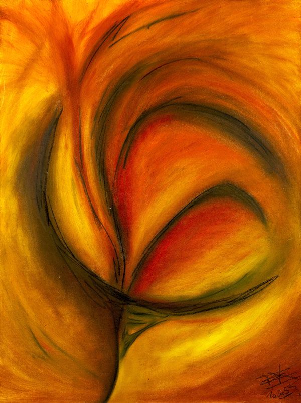 Abstrakt geschwungene, minimalistische Darstellung eines Blumenstrausses in dunklem rot, orange bis gelb mit starken Schatten.